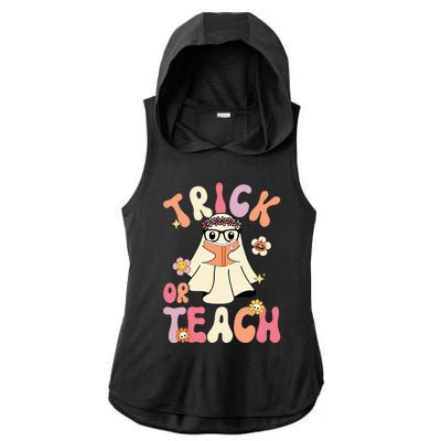 Groovy Halloween Trick Or Teach Retro Floral Ghost Teacher Ladies PosiCharge Tri-Blend Wicking Draft Hoodie Tank