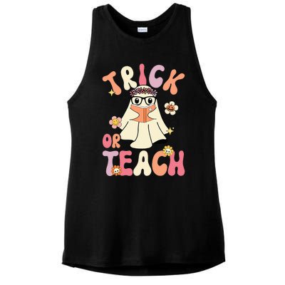 Groovy Halloween Trick Or Teach Retro Floral Ghost Teacher Ladies PosiCharge Tri-Blend Wicking Tank