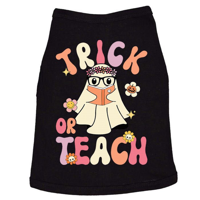 Groovy Halloween Trick Or Teach Retro Floral Ghost Teacher Doggie Tank