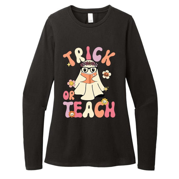 Groovy Halloween Trick Or Teach Retro Floral Ghost Teacher Womens CVC Long Sleeve Shirt