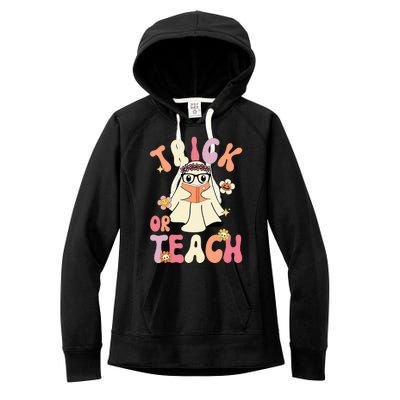 Groovy Halloween Trick Or Teach Retro Floral Ghost Teacher Women's Fleece Hoodie