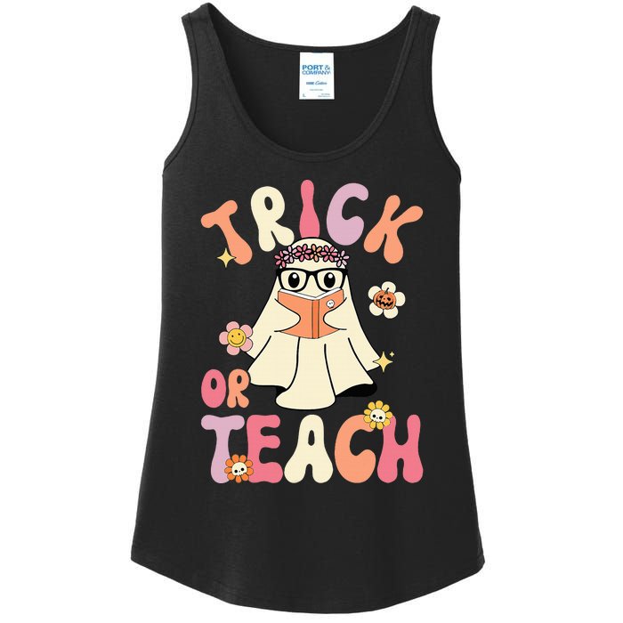 Groovy Halloween Trick Or Teach Retro Floral Ghost Teacher Ladies Essential Tank