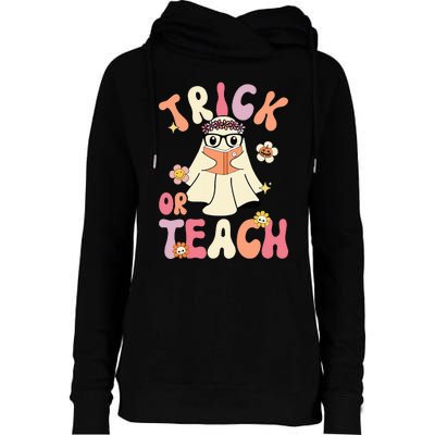 Groovy Halloween Trick Or Teach Retro Floral Ghost Teacher Womens Funnel Neck Pullover Hood