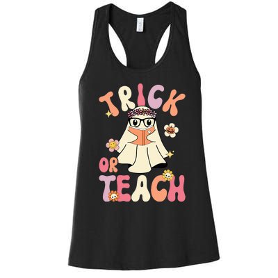 Groovy Halloween Trick Or Teach Retro Floral Ghost Teacher Women's Racerback Tank