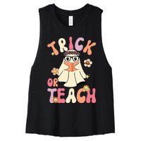 Groovy Halloween Trick Or Teach Retro Floral Ghost Teacher Women's Racerback Cropped Tank