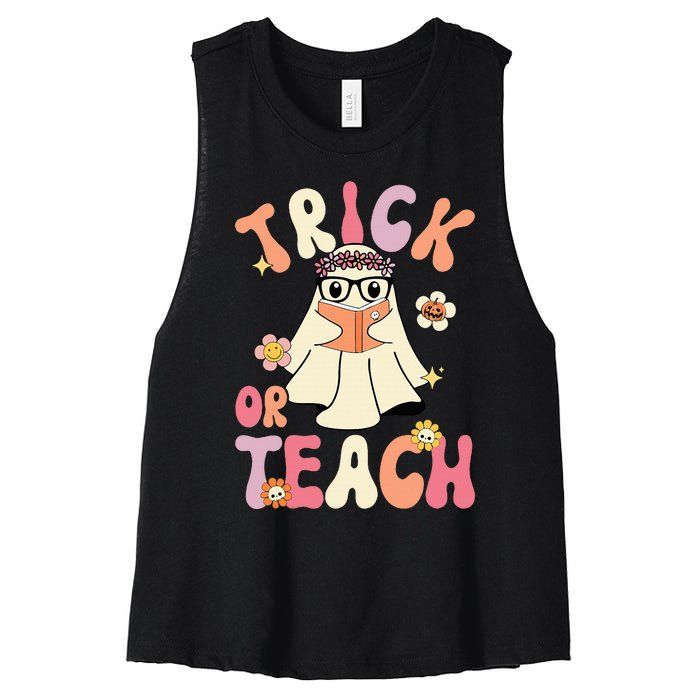 Groovy Halloween Trick Or Teach Retro Floral Ghost Teacher Women's Racerback Cropped Tank