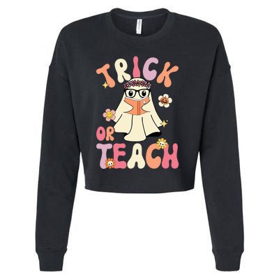 Groovy Halloween Trick Or Teach Retro Floral Ghost Teacher Cropped Pullover Crew