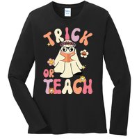 Groovy Halloween Trick Or Teach Retro Floral Ghost Teacher Ladies Long Sleeve Shirt