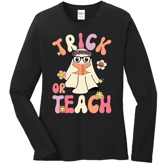 Groovy Halloween Trick Or Teach Retro Floral Ghost Teacher Ladies Long Sleeve Shirt