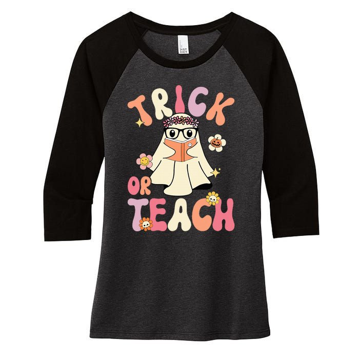 Groovy Halloween Trick Or Teach Retro Floral Ghost Teacher Women's Tri-Blend 3/4-Sleeve Raglan Shirt