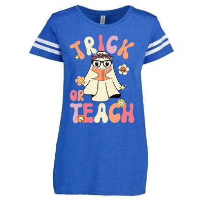 Groovy Halloween Trick Or Teach Retro Floral Ghost Teacher Enza Ladies Jersey Football T-Shirt