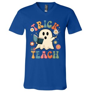 Groovy Halloween Trick Or Teach Ghost Teacher Gift V-Neck T-Shirt