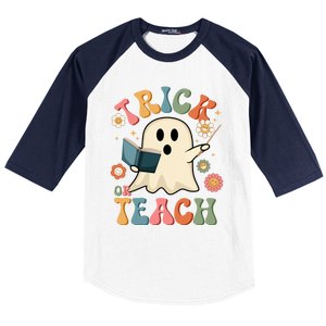 Groovy Halloween Trick Or Teach Ghost Teacher Gift Baseball Sleeve Shirt