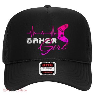 Gamer Heartbeat Video Games Controller Gaming Gift High Crown Mesh Back Trucker Hat