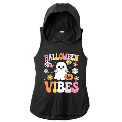 Groovy Halloween Vibes Costume Ghost Pumpkin Ladies PosiCharge Tri-Blend Wicking Draft Hoodie Tank