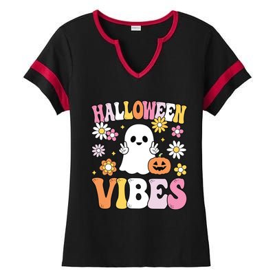 Groovy Halloween Vibes Costume Ghost Pumpkin Ladies Halftime Notch Neck Tee