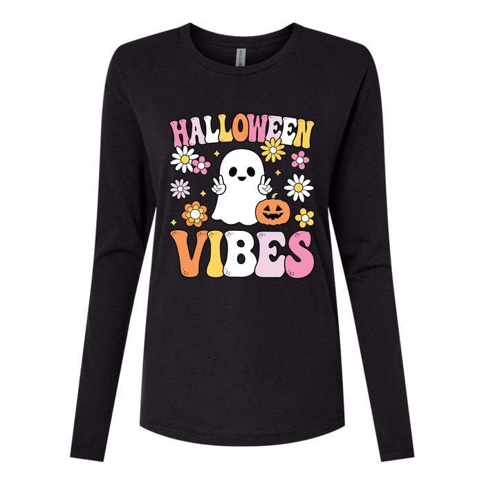 Groovy Halloween Vibes Costume Ghost Pumpkin Womens Cotton Relaxed Long Sleeve T-Shirt