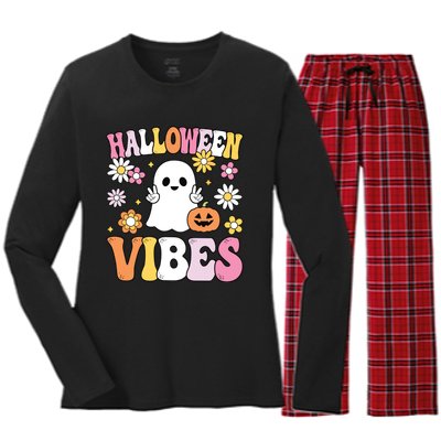 Groovy Halloween Vibes Costume Ghost Pumpkin Women's Long Sleeve Flannel Pajama Set 