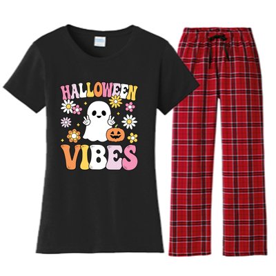 Groovy Halloween Vibes Costume Ghost Pumpkin Women's Flannel Pajama Set