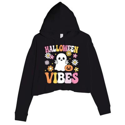 Groovy Halloween Vibes Costume Ghost Pumpkin Crop Fleece Hoodie