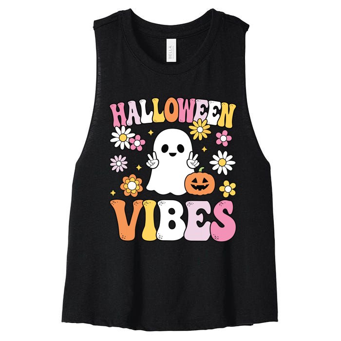 Groovy Halloween Vibes Costume Ghost Pumpkin Women's Racerback Cropped Tank