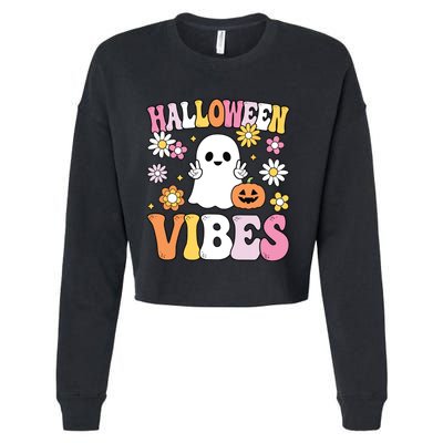 Groovy Halloween Vibes Costume Ghost Pumpkin Cropped Pullover Crew