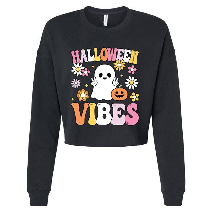 Groovy Halloween Vibes Costume Ghost Pumpkin Cropped Pullover Crew