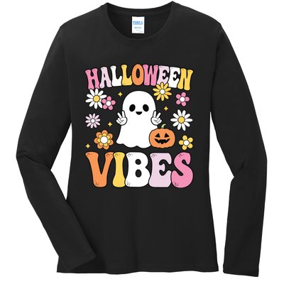 Groovy Halloween Vibes Costume Ghost Pumpkin Ladies Long Sleeve Shirt