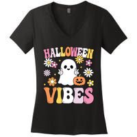 Groovy Halloween Vibes Costume Ghost Pumpkin Women's V-Neck T-Shirt