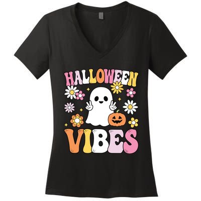 Groovy Halloween Vibes Costume Ghost Pumpkin Women's V-Neck T-Shirt