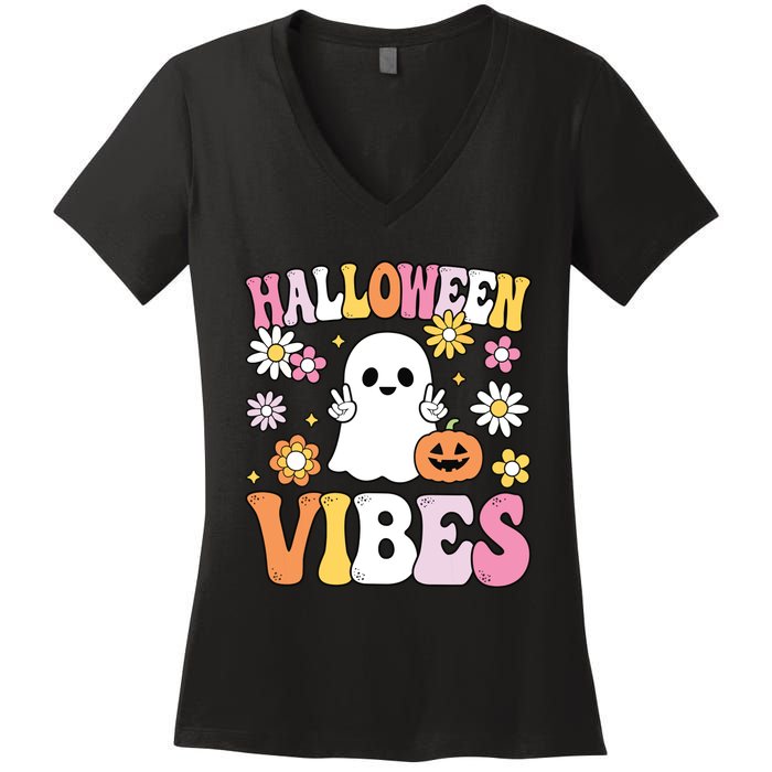 Groovy Halloween Vibes Costume Ghost Pumpkin Women's V-Neck T-Shirt