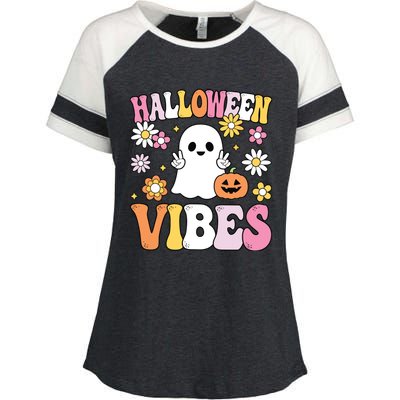 Groovy Halloween Vibes Costume Ghost Pumpkin Enza Ladies Jersey Colorblock Tee