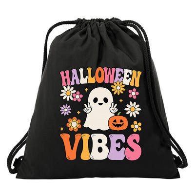 Groovy Halloween Vibes Costume Ghost Pumpkin Drawstring Bag
