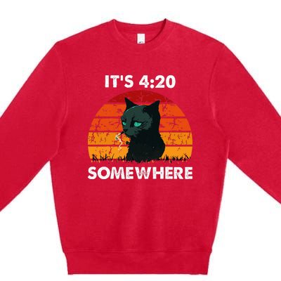 Get High With ItS 420 Somewhere Cat Smoking High Premium Crewneck Sweatshirt