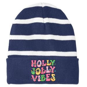 Groovy Holly Xmas Jolly Vibes Pin.K Christmas Xmas Striped Beanie with Solid Band