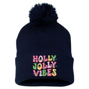 Groovy Holly Xmas Jolly Vibes Pin.K Christmas Xmas Pom Pom 12in Knit Beanie