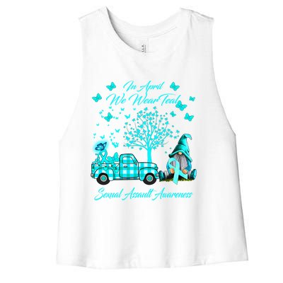 Gnomes In April We Wear Teal Sexual Assault Awareness Funny Gift Meaningful Gift Women's Racerback Cropped Tank