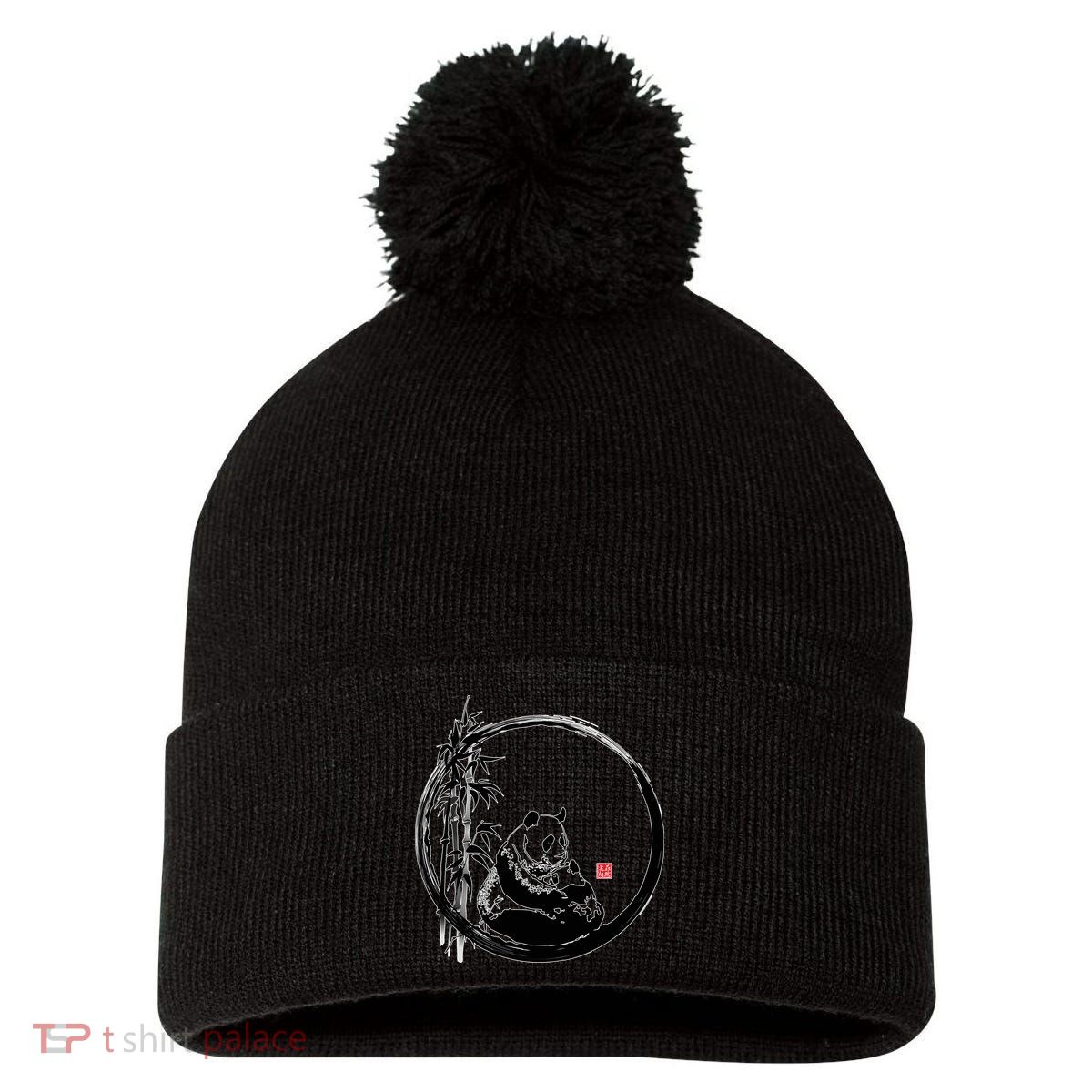 Giant Panda Bamboo Japanese Ink Painting Pom Pom 12in Knit Beanie