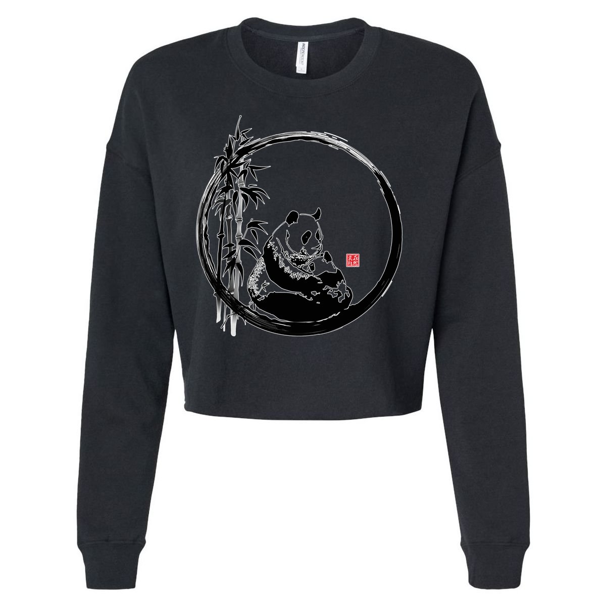 Giant Panda Bamboo Japanese Ink Painting Cropped Pullover Crew