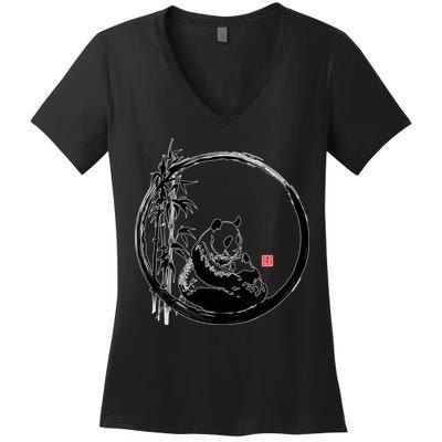 Giant Panda Bamboo Japanese Ink Painting Women's V-Neck T-Shirt