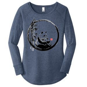 Giant Panda Bamboo Japanese Ink Painting Women's Perfect Tri Tunic Long Sleeve Shirt