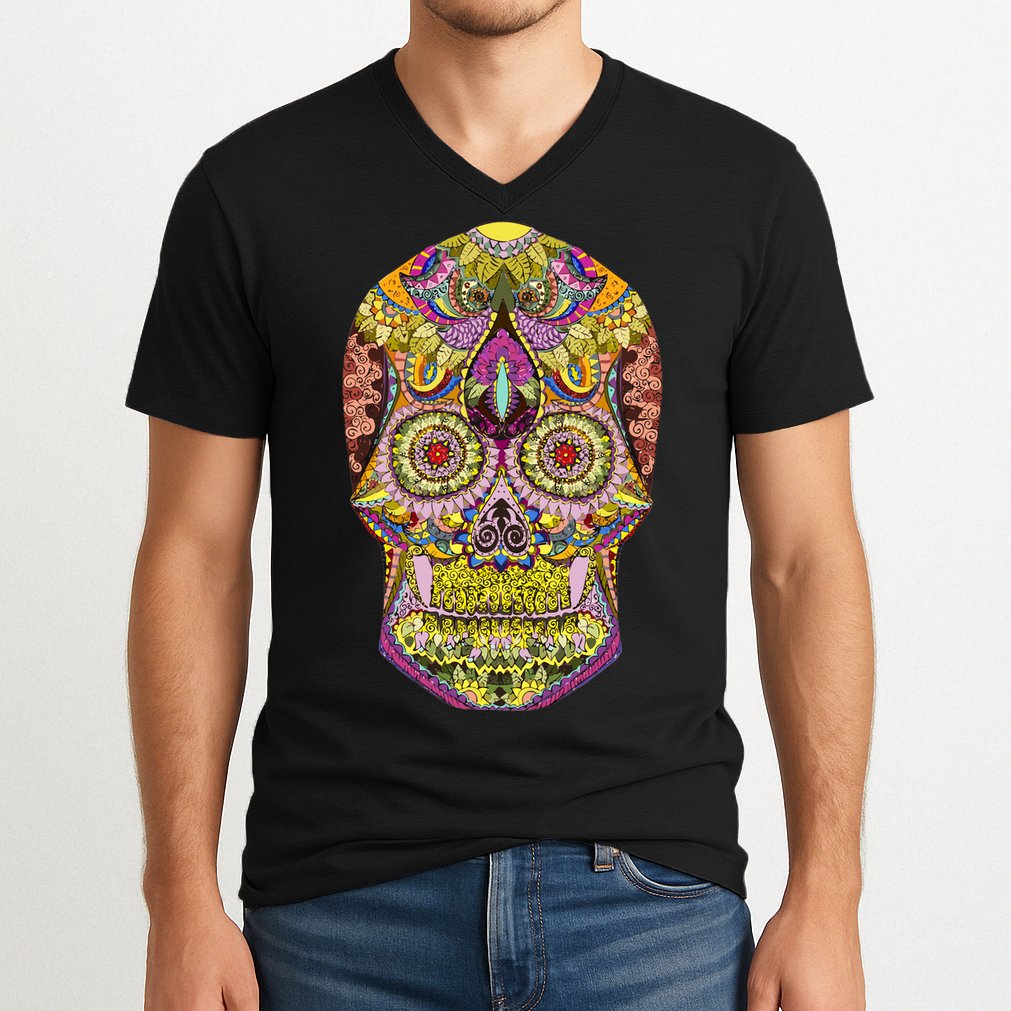 Giant Sugar Floral Sugar Skull V-Neck T-Shirt