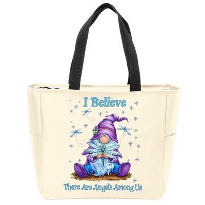 Gnome I Believe There Are Angels Among Us Dragonfly Zip Tote Bag