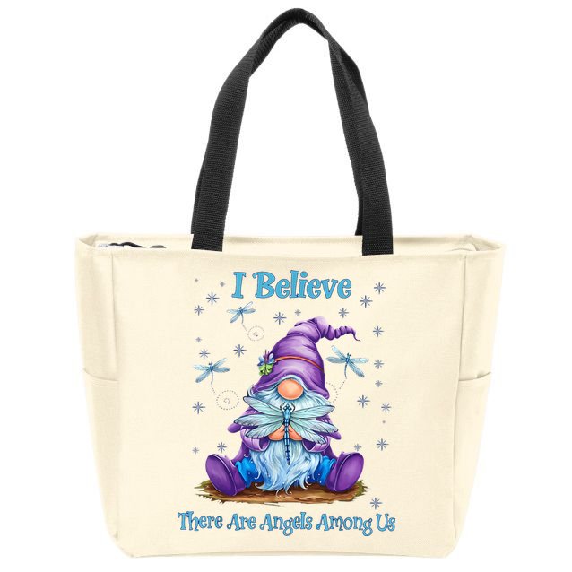 Gnome I Believe There Are Angels Among Us Dragonfly Zip Tote Bag