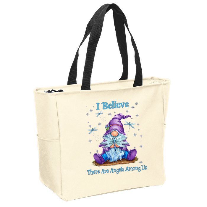 Gnome I Believe There Are Angels Among Us Dragonfly Zip Tote Bag