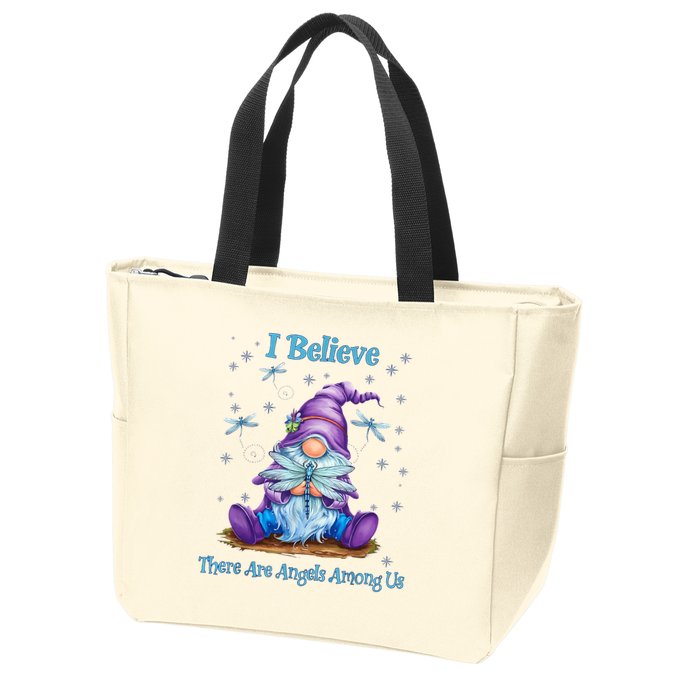 Gnome I Believe There Are Angels Among Us Dragonfly Zip Tote Bag