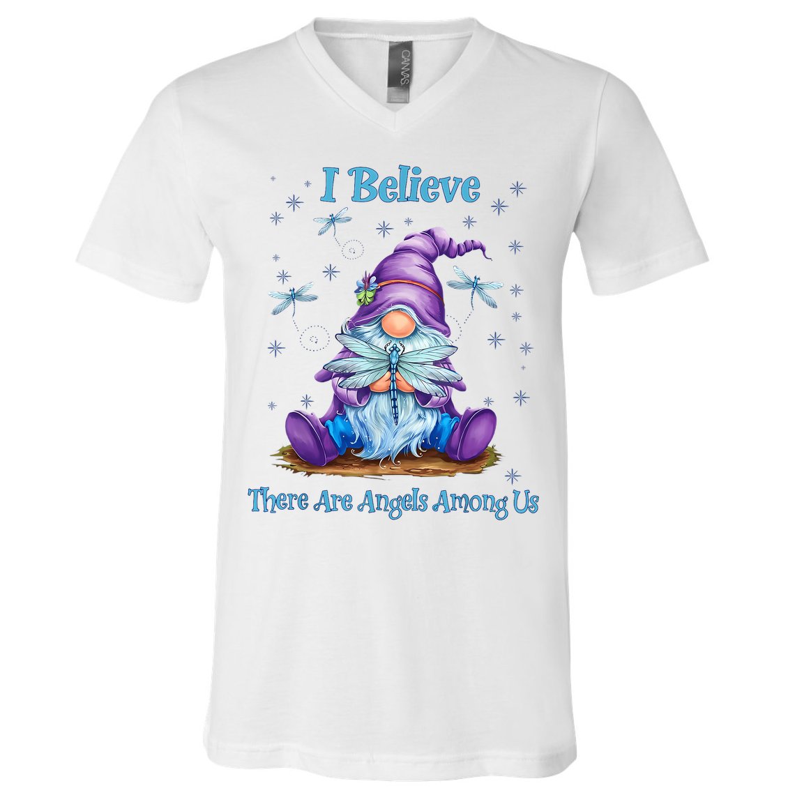 Gnome I Believe There Are Angels Among Us Dragonfly V-Neck T-Shirt