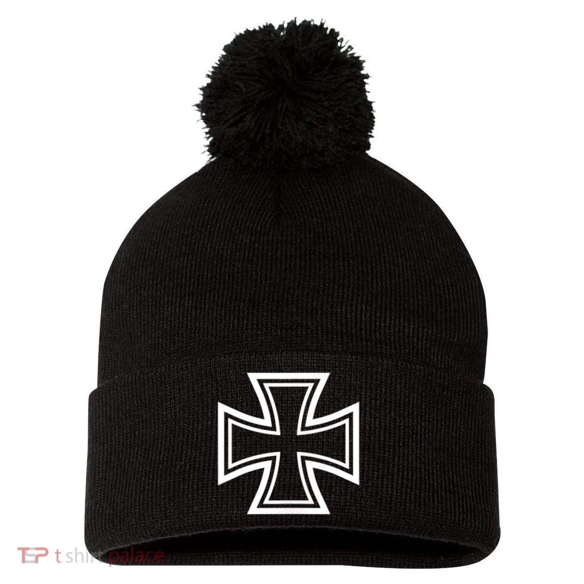 German Iron Cross Front & Back Print Pom Pom 12in Knit Beanie