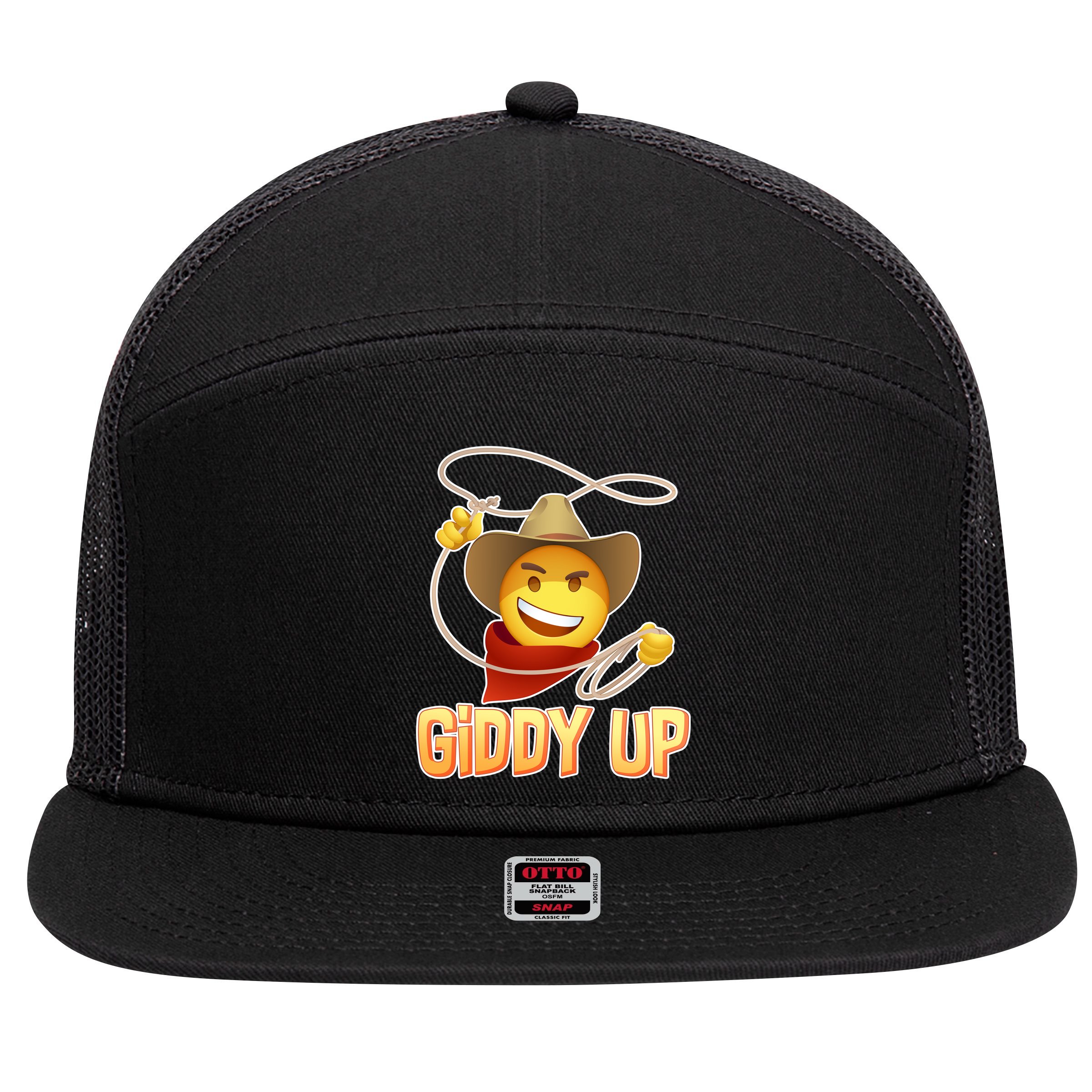 Giddy Up Cowboy Emoji  7 Panel Mesh Trucker Snapback Hat