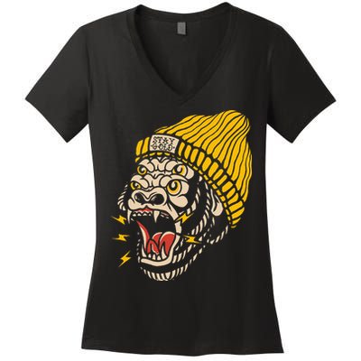 Gorilla Inked Flash Old School Ink Addict Traditional Tattoo Women's V-Neck T-Shirt